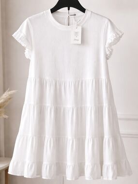 NWT White Babydoll Tiered Mini Dress Boho Summer Style Size Medium